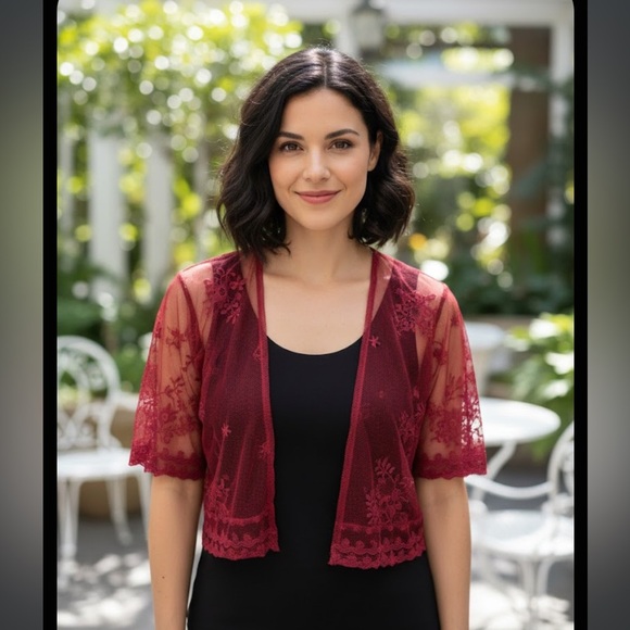 Flying Tomato Sweaters - Flying Tomato Burgundy Lace Shrug